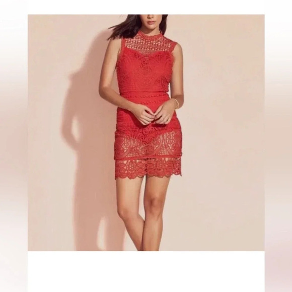 Lovers + Friends Lace Blush Red Crochet Open Back Cocktail Midi Dress Medium - Picture 8 of 15